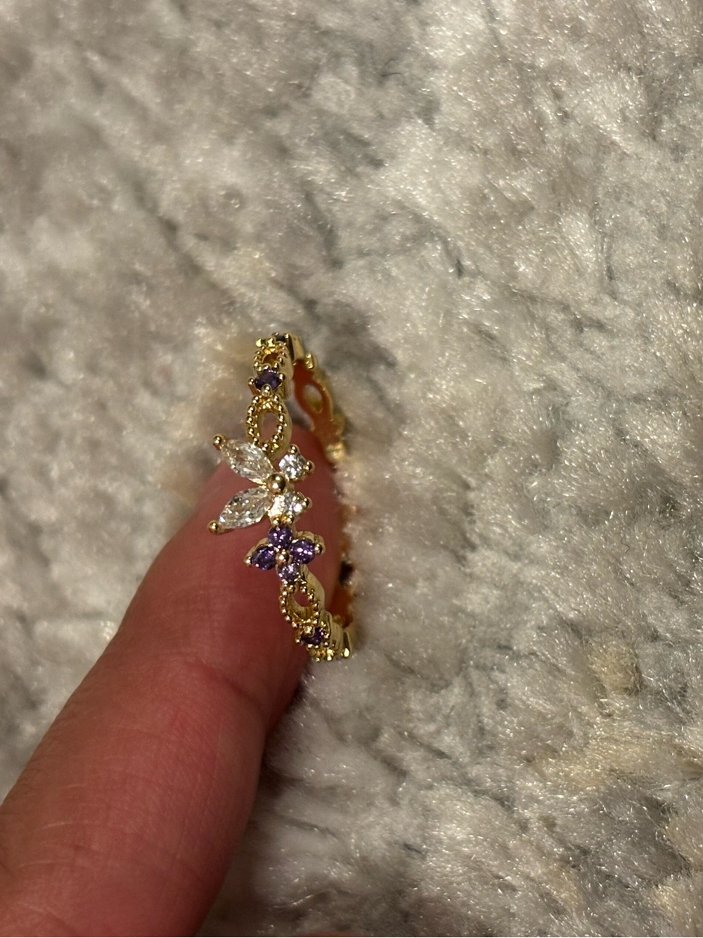 Gold Floral Butterfly Crystal Ring with Purple Accents